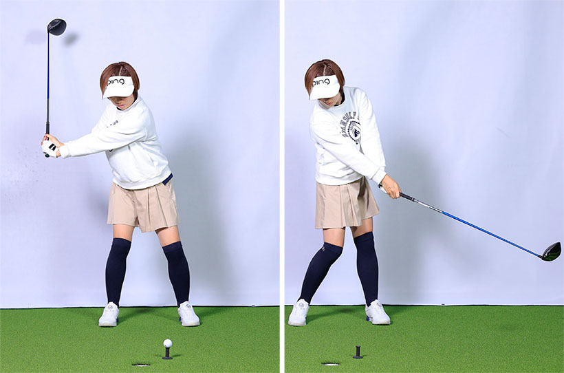 スイングは回転運動。体が動き続けることで生まれる遠心力が原動力なので体が止まることはない。