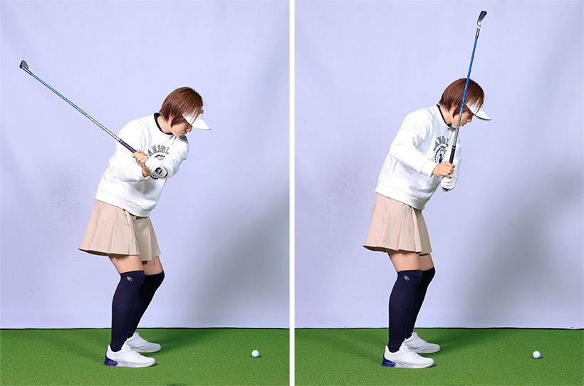 右回りのスイングができるとクラブが寝る。そのタイミングで止まって見えることも。逆に左回りだと絶対に止まって見えない。