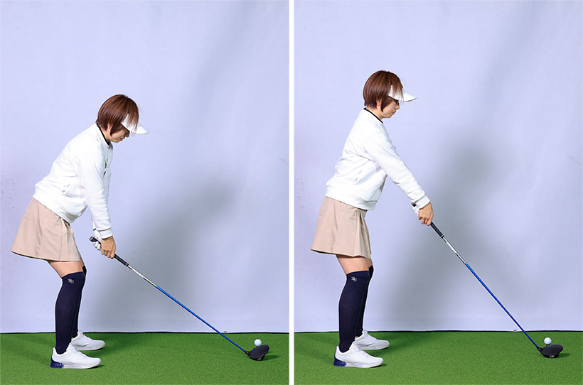 ハンドダウン、あるいはハンドアップすると構えが変わる。本来のアドレスと違って不自然な構えになるため必然的にスイングしづらくなる。