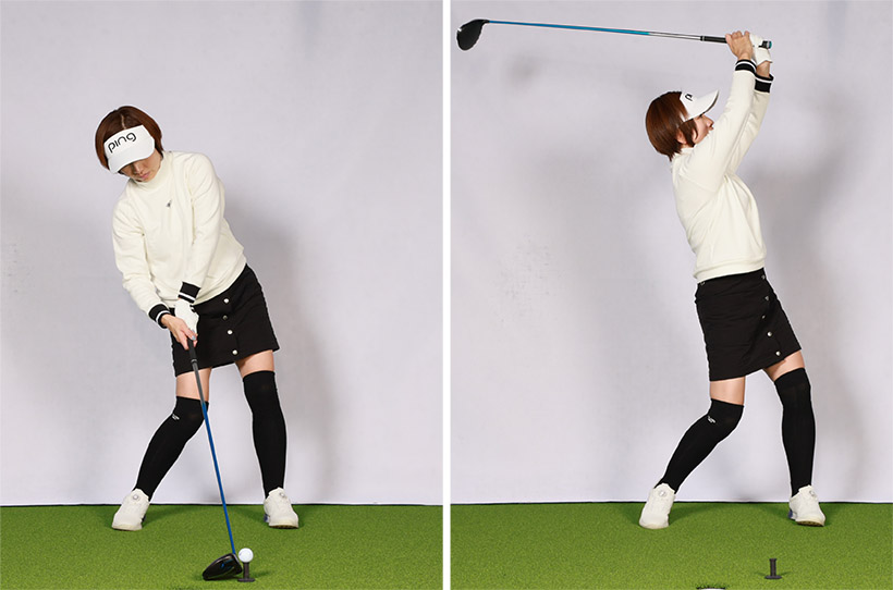 ダウンスイングで腰が左にスウェイすると同時に上体が右に倒れていたら改善すべき。