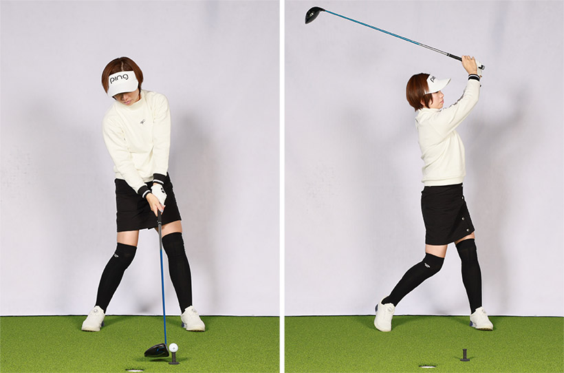 スウェイせずにインパクトできれば右足に体重が残っても問題はない。シルエットは明治の大砲のようでもしっかりしたショットが打てる。