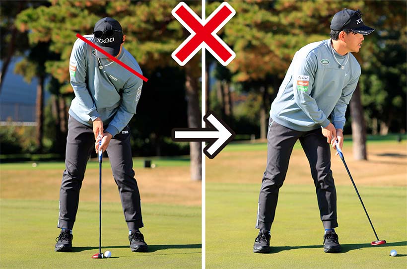 「左肩→低、右肩→高」のアドレスはボールを左に引っかけやすくなる。