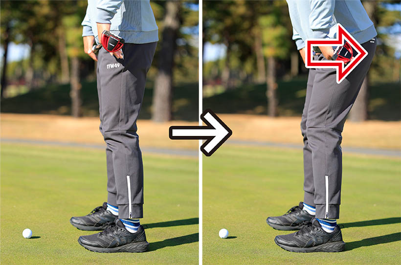 腰の前にパターを当てて腰のツケ根から上体を軽く折り曲げる感覚をつかもう。